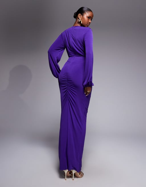 Ruched & Ready - Entered The Chat - Vestito lungo viola drappeggiato in vita con cut-out e maniche a palloncino, 4 di 4