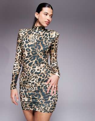 Ruched and Ready Ruched & Ready Eyes On You removable shoulder pad detail high neck long sleeve sculpting mini dress in leopard print-Multi