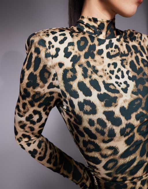 Ruched & Ready Eyes On You removable shoulder pad detail high neck long sleeve sculpting mini dress in leopard print, 4 of 4