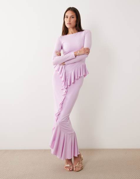 Ruched & Ready – Figurformendes, langärmliges Maxikleid in Flieder mit Rüschen und Drapierung - view 1