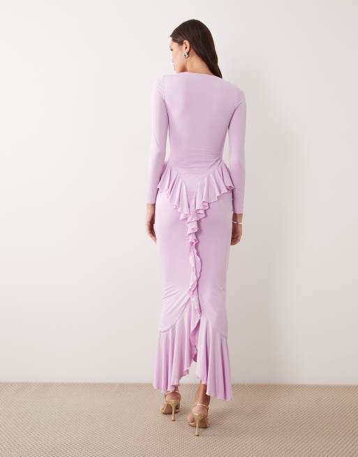 Ruched & Ready – Figurformendes, langärmliges Maxikleid in Flieder mit Rüschen und Drapierung, 2 von 4