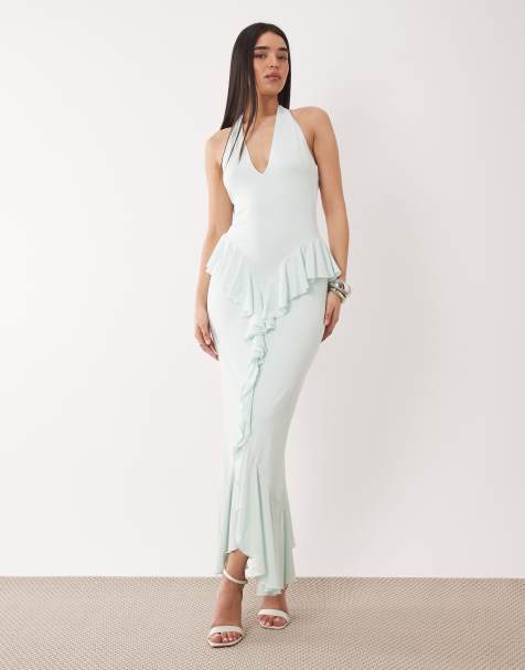 Ruched & Ready – Figurformendes Maxikleid aus Jersey in Minzgrün mit Neckholderträger, Rückenausschnitt und geraffter Drapierung - view 1