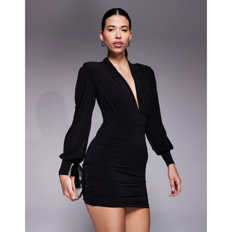 balloon sleeve ruched bodycon dress & Ready Focus On Me removable shoulder pad detail sculpting plunge neck mini in black SO ONLINE AU Devlyn