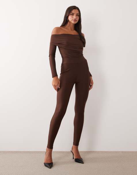 Ruched & Ready Heads Turned sculpted high shine off shoulder bodysuit and leggings in chocolate - view 1
