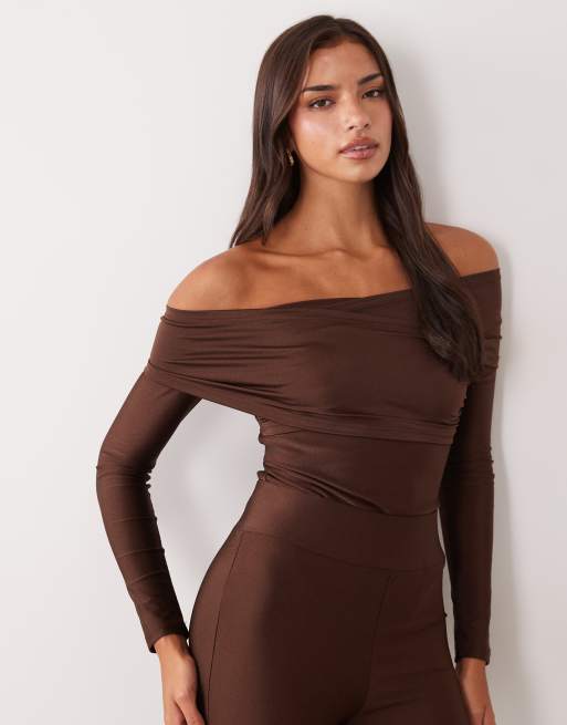 Ruched & Ready Heads Turned sculpted high shine off shoulder bodysuit and leggings in chocolate, 2 of 3