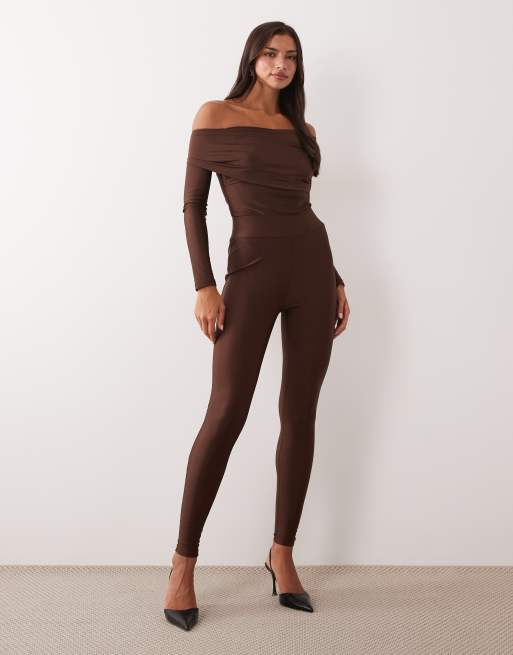 Ruched & Ready Heads Turned sculpted high shine off shoulder bodysuit co-ord in chocolate, 2 of 4