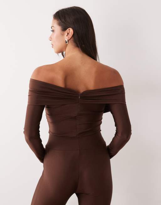 Ruched & Ready Heads Turned sculpted high shine off shoulder bodysuit co-ord in chocolate, 3 of 4