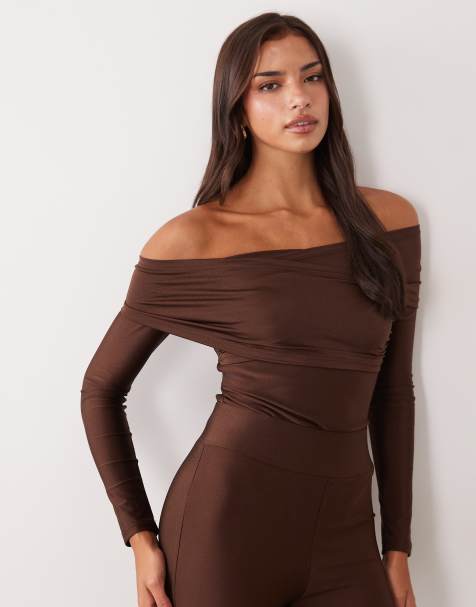 Ruched & Ready Heads Turned sculpted high shine off shoulder bodysuit set in chocolate - view 1