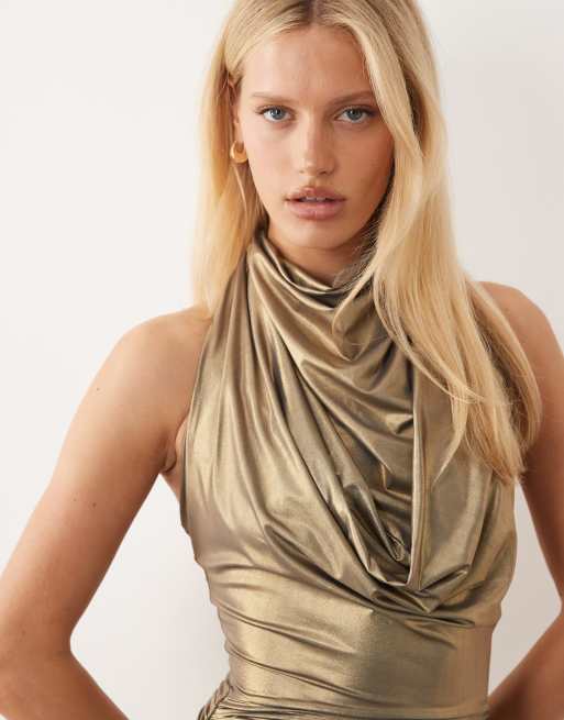 Ruched & Ready high cowl neck drape detail mini dress in metallic gold |  ASOS