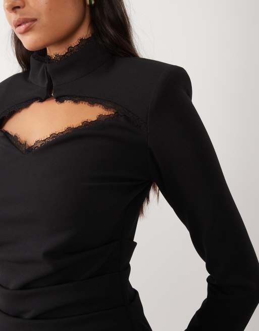 Ruched & Ready high neck lace trim shoulder pad mini dress in black , 2 of 4