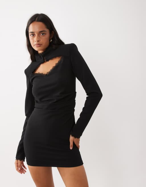 Ruched & Ready high neck lace trim shoulder pad mini dress in black , 3 of 4