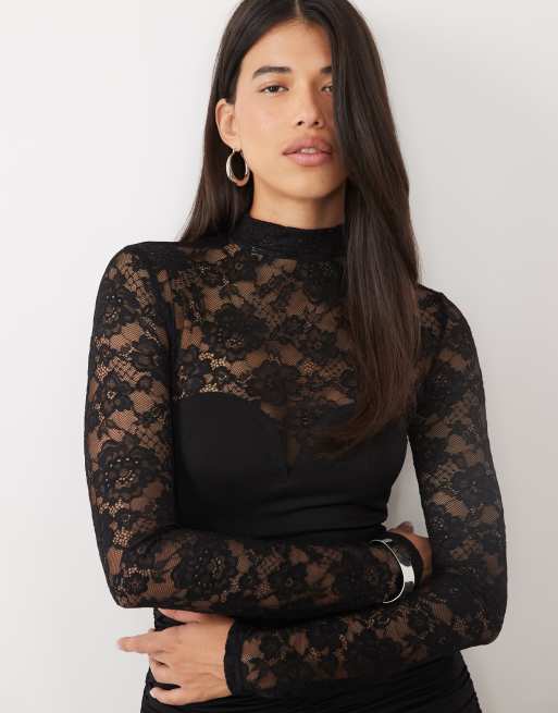 Ruched & Ready high neck long sleeve lace ruched detail mini dress in black, 3 of 4