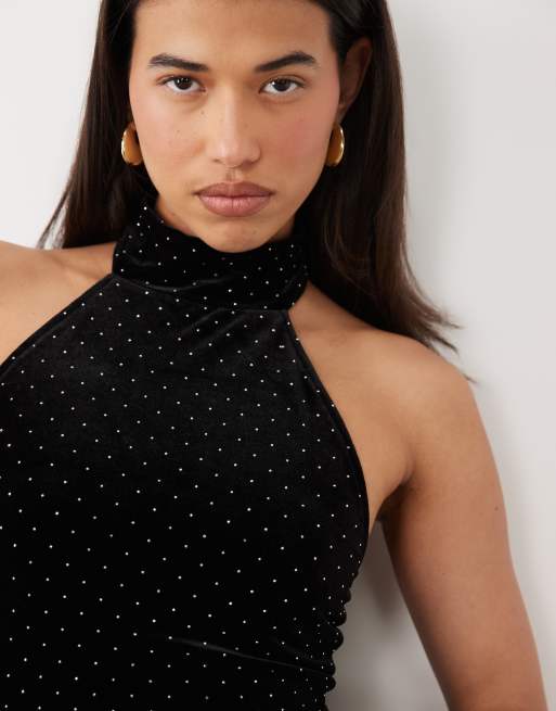 Ruched & Ready high neck racer halterneck velvet hotfix bodysuit co-ord in black, 2 of 4