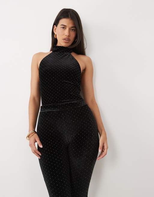 Ruched & Ready racer halterneck velvet hotfix bodysuit and pants set in black, 2 of 3