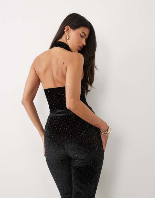 Ruched & Ready high neck racer halterneck velvet hotfix bodysuit in black -set, 4 of 4
