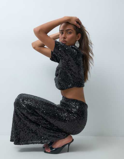 Ruched & Ready High-Waist-Fishtail-Maxirock mit Pailletten als Kombiteil in Schwarz, 4 von 5