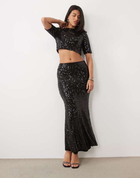 Ruched & Ready high waisted fishtail sequin maxi skirt co-ord in black - view 1