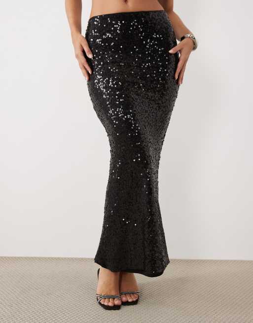Ruched & Ready high waisted fishtail sequin maxi skirt in black (part of a set), 4 of 5