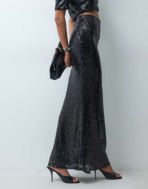 Ruched & Ready high waisted fishtail sequined maxi skirt in black - part of a set, 2 of 5