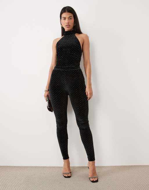 Ruched & Ready racer halterneck velvet hotfix bodysuit and trousers co-ord in black, 3 of 3