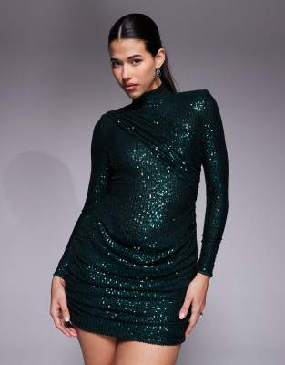 Ruched & Ready - Hochgeschlossenes Minikleid in Smaragdgrün mit Paillettenbesatz, herausnehmbaren Schulterpolstern, Drap...