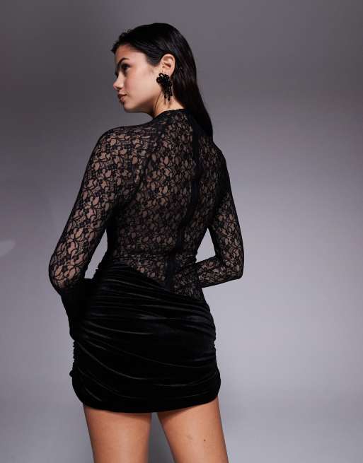 Ruched & ready - Hoogsluitende mini-jurk van fluweel en halfdoorzichtig kant met asymmetrische taille in zwart, 3 van 4