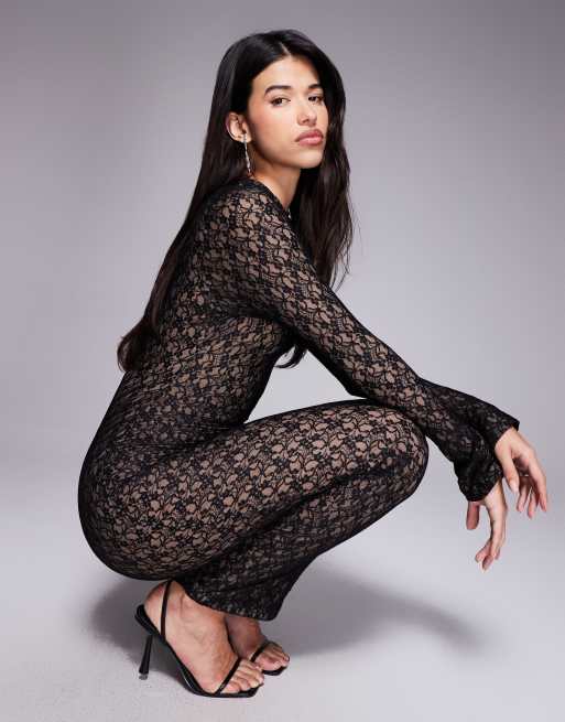 Ruched & Ready - Hoogsluitende vormgevende kanten maxi-jurk met lange mouwen in zwart, 4 van 4
