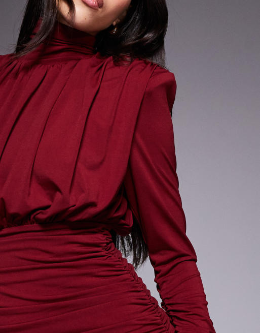 Ruched & Ready Hourglass high neck padded shoulder sculpted drape detail mini dress in dark red, 4 of 4