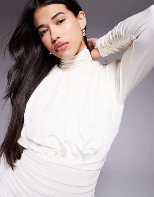 Ruched & Ready – Hourglass – Hochgeschlossenes, figurbetontes Minikleid in Cremeweiß mit Schulterpolstern und Drapierung, 4 von 4