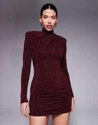 Ruched & Ready Ruched & Ready I'm Her removable shoulder pad detail high neck cross front long sleeve hotfix mini dress in wine-Red