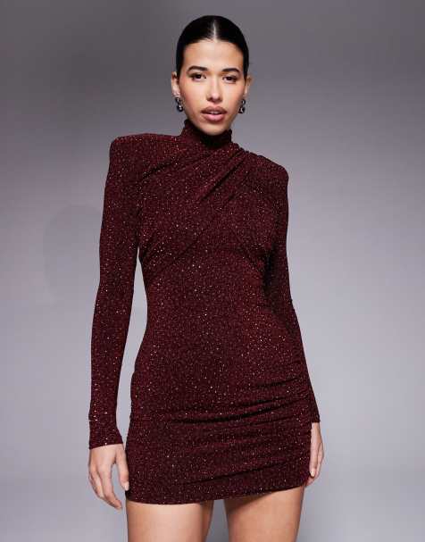 Ruched & Ready I'm Her removable shoulder pad detail high neck cross front long sleeve hotfix mini dress in wine - view 1