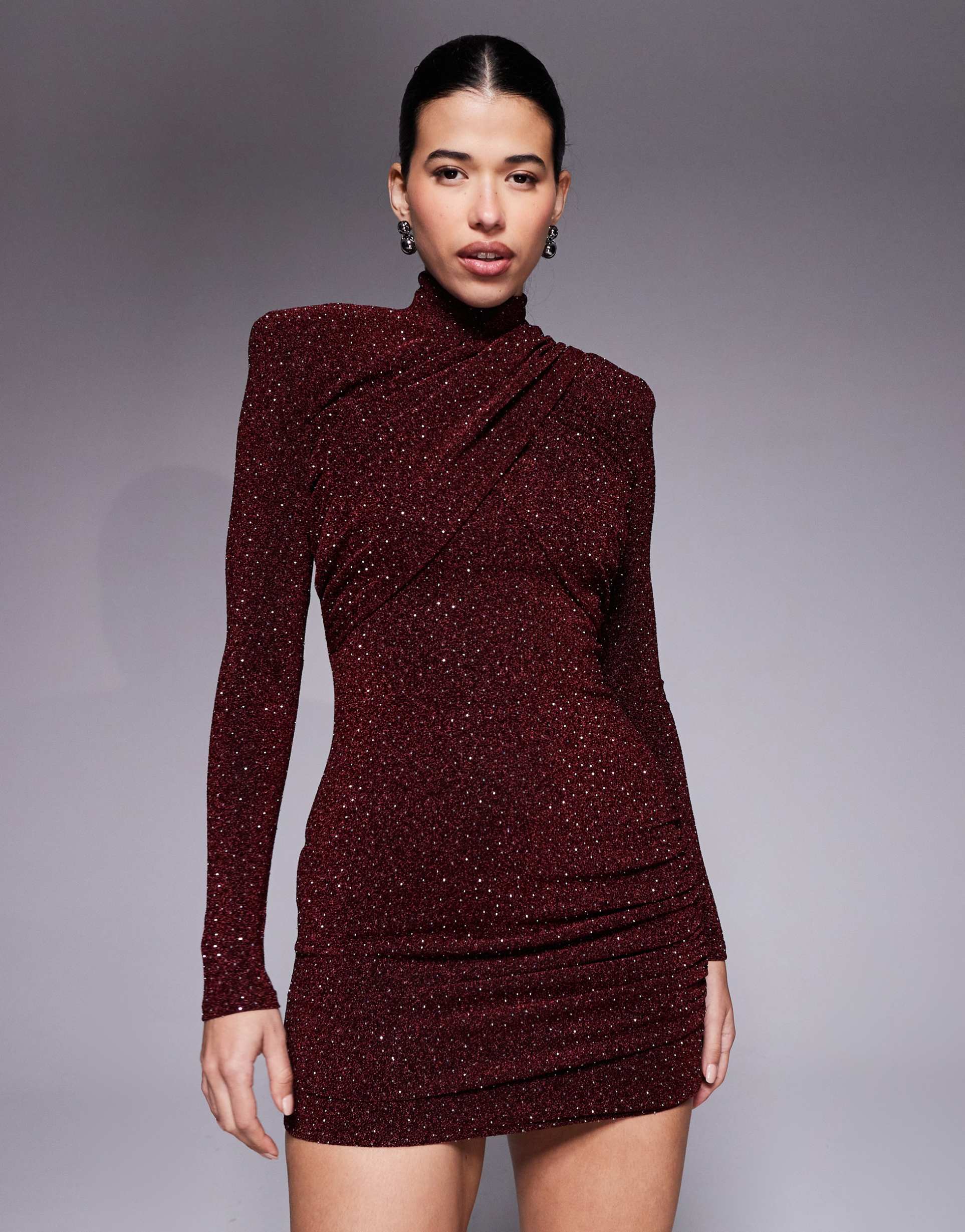 ruched & ready i'm her removable shoulder pad detail high neck cross front long sleeve hotfix mini dress in wine