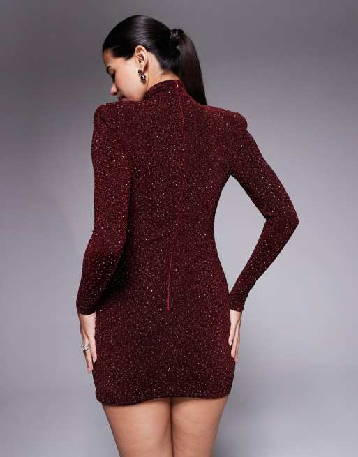 Ruched & Ready I'm Her removable shoulder pad detail high neck cross front long sleeve hotfix mini dress in wine