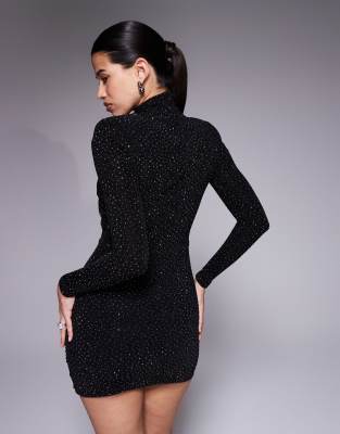 Ruched & Ready I'm Her Shoulder Pads Cross Front Sculpting Glitter And Rhinestone Mini Dress In Black