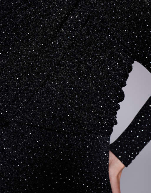 Ruched & Ready – I'm Her – Svart, formande miniklänning med omlottdesign framtill, axelvaddar, glitter och strass, 3 av 4