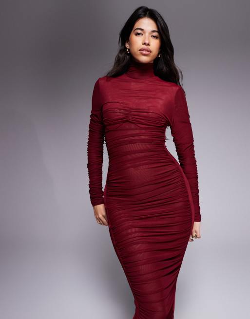 Ruched & Ready It Girl sculpted semi sheer mesh high neck bodycon maxi dress in burgundy