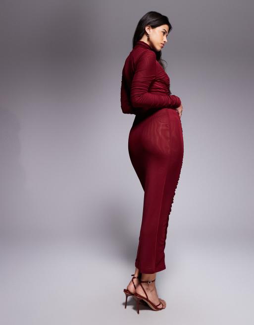 Ruched & Ready It Girl sculpted semi sheer mesh high neck bodycon maxi dress in burgundy