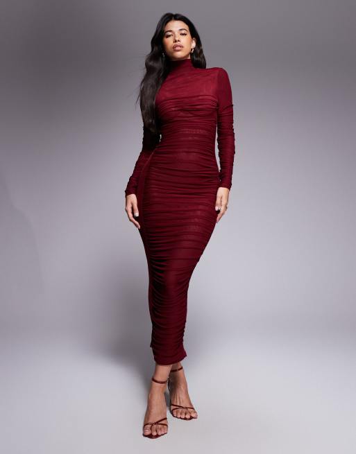 Ruched & Ready It Girl scuplted semi sheer mesh high neck bodycon maxi dress in burgundy