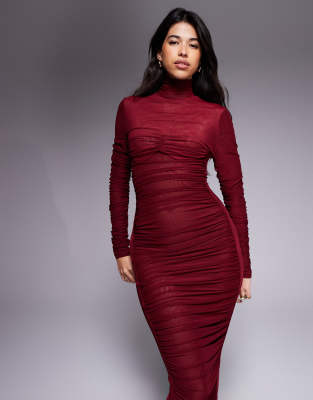 Ruched & Ready It Girl Scuplted Semi Sheer Mesh High Neck Bodycon Maxi Dress In Red