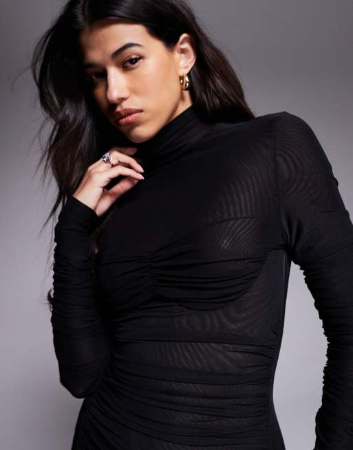 Ruched & Ready - It Girl - Vestito lungo fasciante accollato nero sagomato in rete semitrasparente, 3 di 4