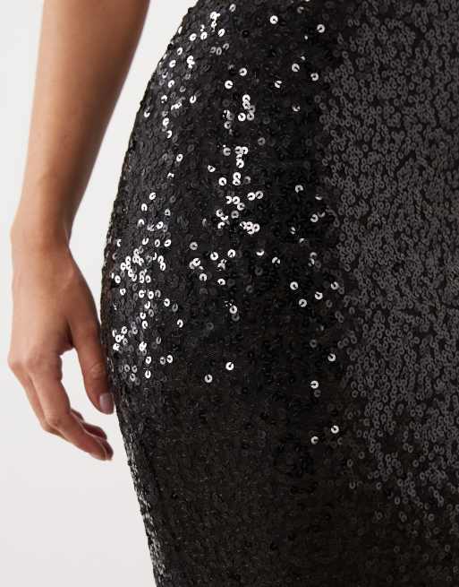 Ruched & Ready jupe longue sirène à sequins taille haute en noir, ensemble 2 pièces, 5 de 5