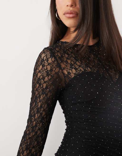 Ruched & Ready lace hotfix ruched front fishtail hem maxi dress in black, 4 of 4