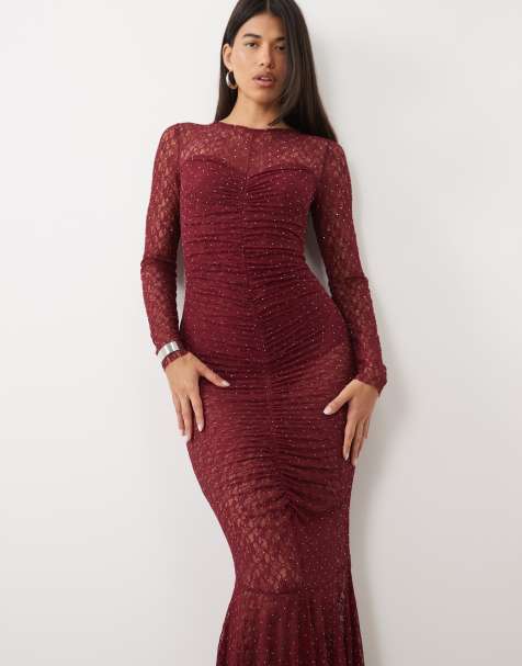 Ruched & Ready lace hotfix ruched front fishtail hem maxi dress in burgundy - view 1