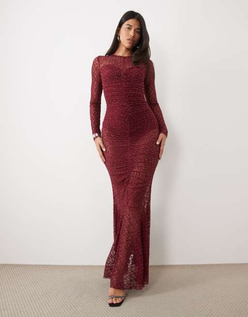 Ruched & Ready lace hotfix ruched front fishtail hem maxi dress in burgundy, 2 of 4