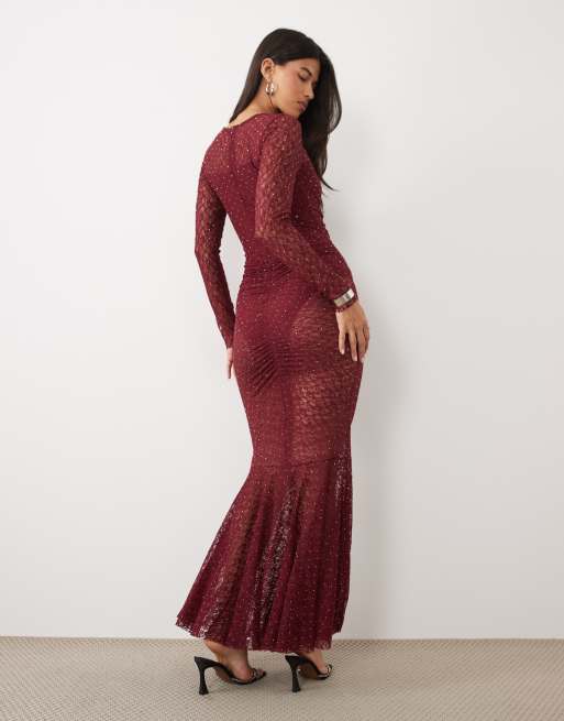 Ruched & Ready lace hotfix ruched front fishtail hem maxi dress in burgundy, 4 of 4