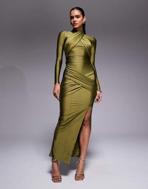 Ruched & Ready Looked Twice sculpted high shine drape front thigh split maxi skirt co-ord in olive