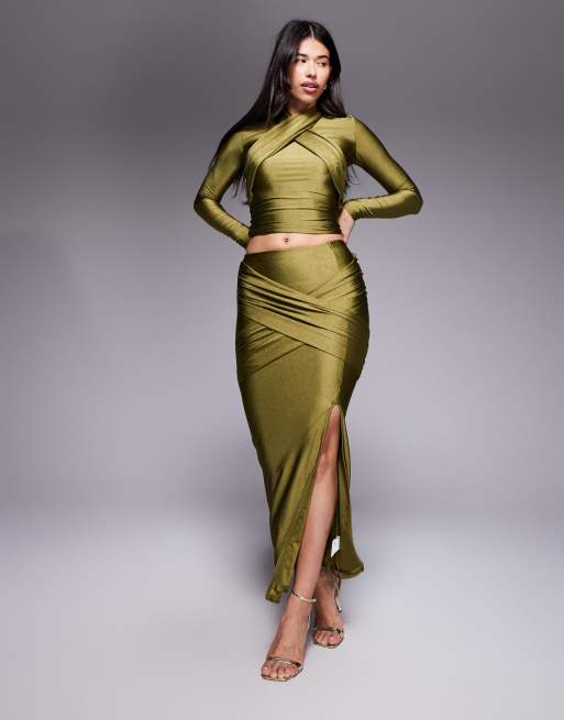 Ruched & Ready Looked Twice sculpted high shine halterneck drape front top and maxi skirt co-ord in olive
