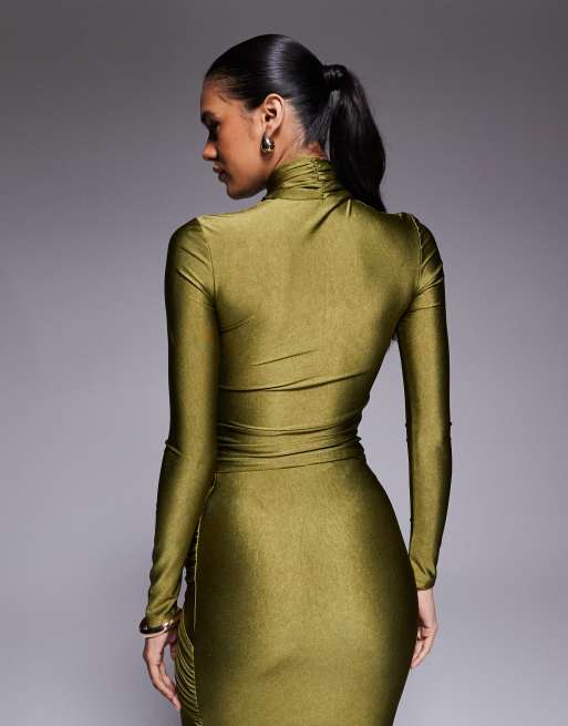 Ruched & Ready Looked Twice sculpted high shine halterneck drape front top and maxi skirt set in olive