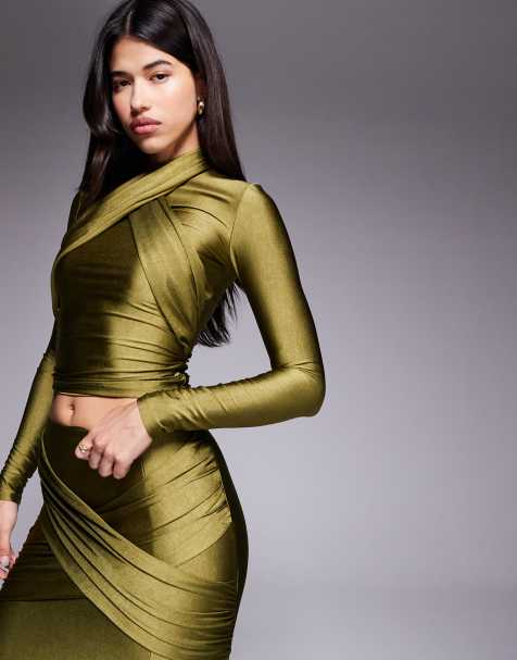 Ruched & Ready Looked Twice sculpted high shine halterneck drape front top co-ord in olive - view 1