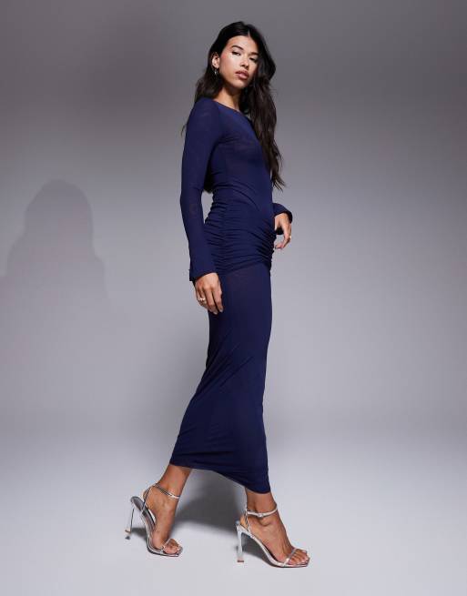 Ruched & Ready – Marinblå maxikjol i mesh och bodyconstil med rysch och drapering, del av set, 2 av 5